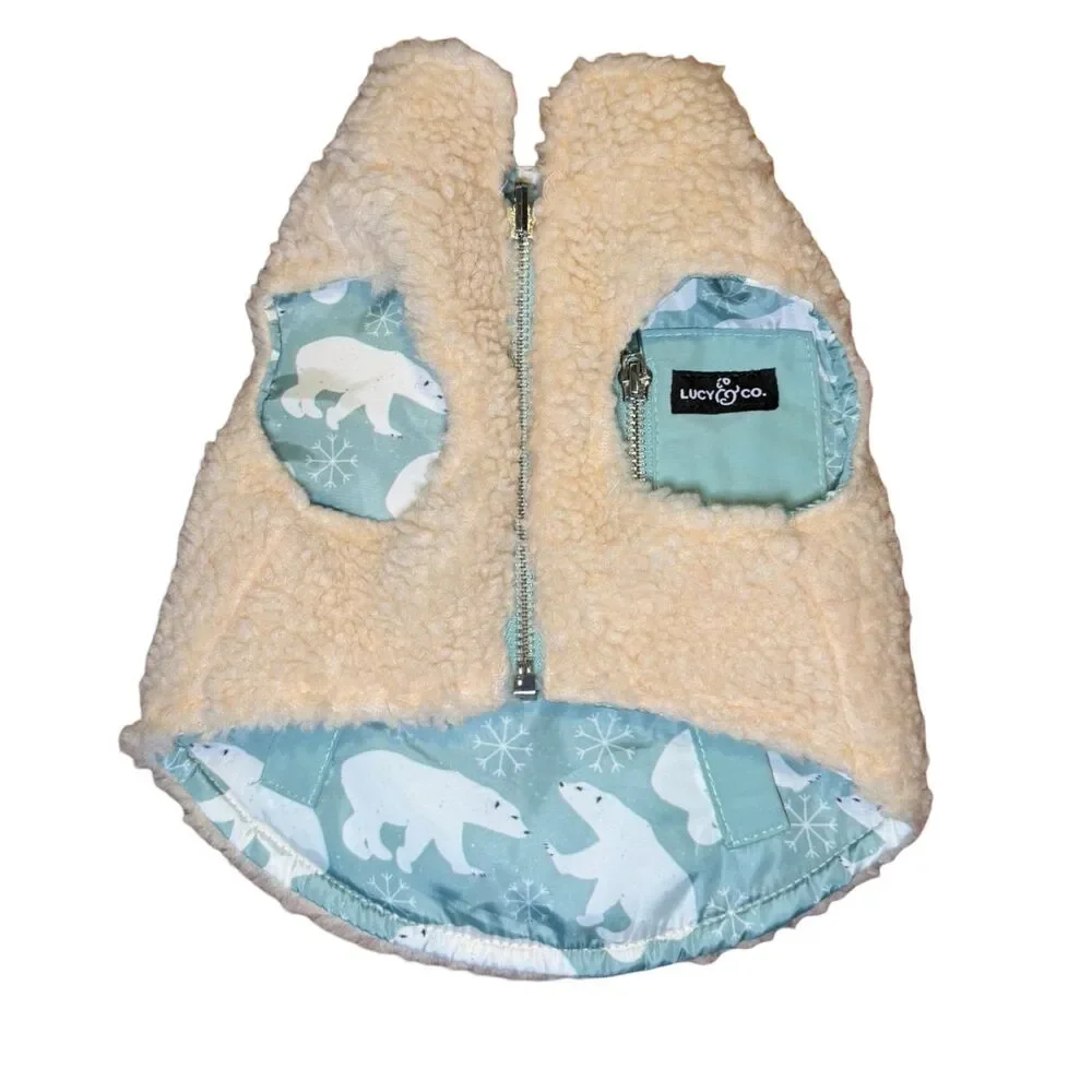 Lucy & Co NWOT Polar Bear Reversible Teddy Sherpa Fleece Dog Vest Jacket Sage Sm